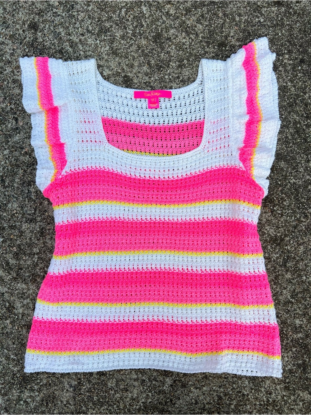 Lilly Pulitzer Cordetta Crochet Sweater Tank Striped Ruffle Cap Sleeve XS